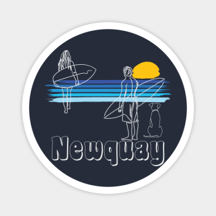 Newquay Cornwall Surf Girl and Guy with a Dog, line art Surfers Magnet